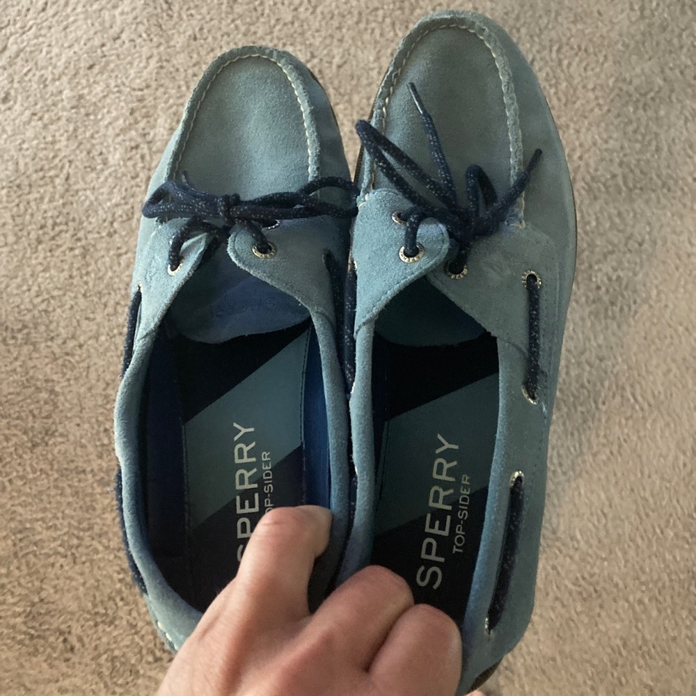 Baby blue, leather boat shoes